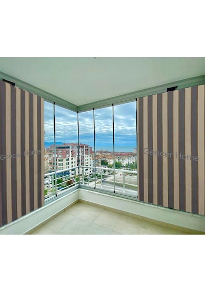 Ceylan Home Balkon Perdesi Kuş Gözü Ölçü Seçenekli Gri Krem Çizgili 50 x 22