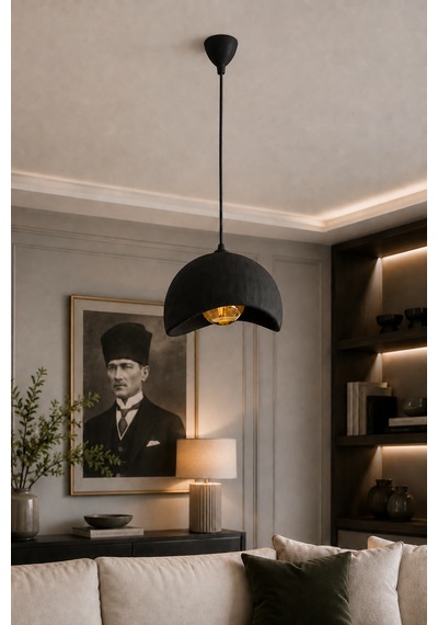 Beton Görünümlü Tekli Sarkıt Avize Modern Bohem Rustik Salon Mutfak G95 Led Ampul Hediyeli Siyah