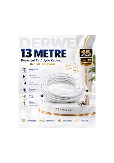 13 Metre 4k Full Hd Koaksiyel Tv Uydu Anten Kablosu Seti - Güçlü Sinyal Aktarımlı Dayanıklı Televizyon Kablosu - Lnb Alıcı Uyumlu Yüksek Kalite Beyaz