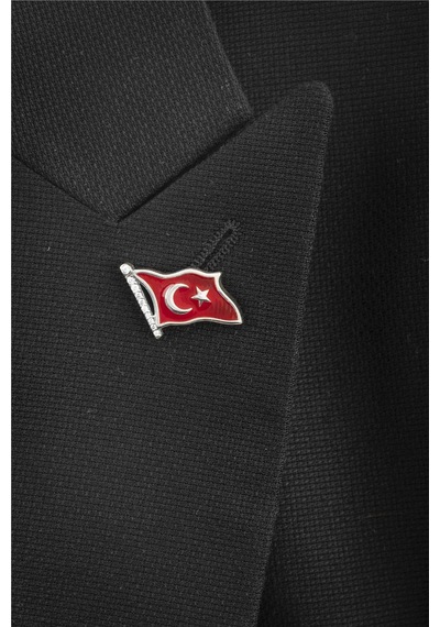 925 Ayar Gümüş Zirkon Taşlı Türk Bayrağı Bayan Rozet -8042 Gümüş