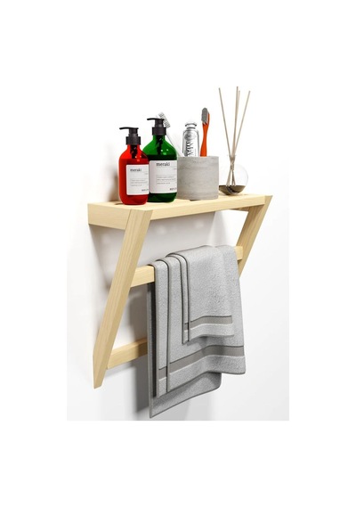 Matkap Gerektirmeyen Ahşap Banyo Rafı Ve Havluluk - 50x40 Cm - Yapışkanlı Duvar Rafı Bej