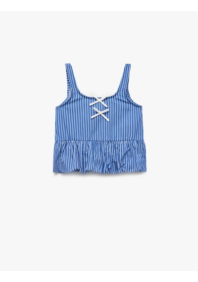 Koton Pamuklu Kare Yaka Askılı Gipeli Fiyonklu Poplin Bluz Mavi Çizgili 5skg60192aw Mavi Çizgili