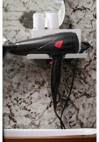 Beyaz Metal Yapışkanlı Saç Kurutma Askısı, Banyo Düzenleyici Organizer 50cm