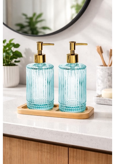 Buççin Online Mağaza Ahşap Standlı 2 Li Cam Sıvı Sabunluk 500 Ml Modern Banyo Ve Mutfak İçin Dekoratif Cam Sabunluk Seti Çok Renkli