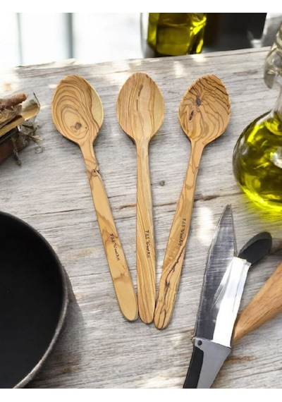 F&s Woodart 3 Adet Edremit Zeytin Ağacı Doğal Ahşap El Yapımı Tahta Kaşık Yemek Kaşığı 29 Cm Tencere Kaşığı