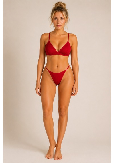 Pijamask Kadın Bordo Fitilli Üçgen Bralet String Külot İç Giyim Takımı Kırmızı