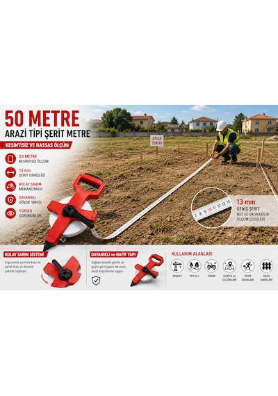 50 Metre Arazi Tipi Şerit Metre 13 Mm Beyaz Şerit Arsa, Bahçe, Tarla Ve Şantiye Ölçüm Metresi 50 M