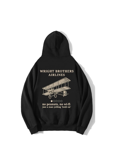 Brz Collection Unisex Oversize Wright Brothers Airlines Hoodie Siyah