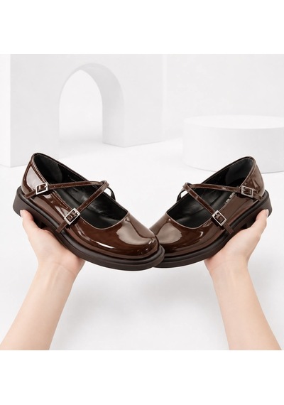 Dabab Shoes Marsel Kadın Acı Kahve Rugan Çapraz Bantlı Tokalı 2 Cm Kalın Taban Mary Jane Ayakkabı Kahverengi