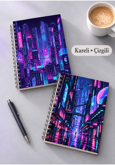 Neon Şehri Temalı 2'li Set A5 Metal Spiralli Çizgili-kareli Karton Kapak Neon Şehri Temalı 2'li Set A5 Çizgili-kareli Defter Çok Renkli