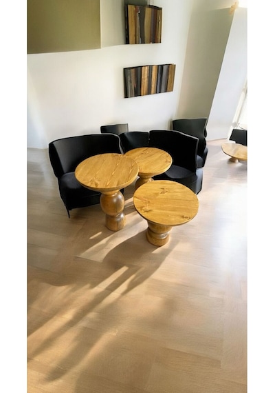 Simillo Wood Wooden Ahşap 3 Lü Set Mantar Yan Sehpa Modern Renk Fiskos Koyu Ceviz
