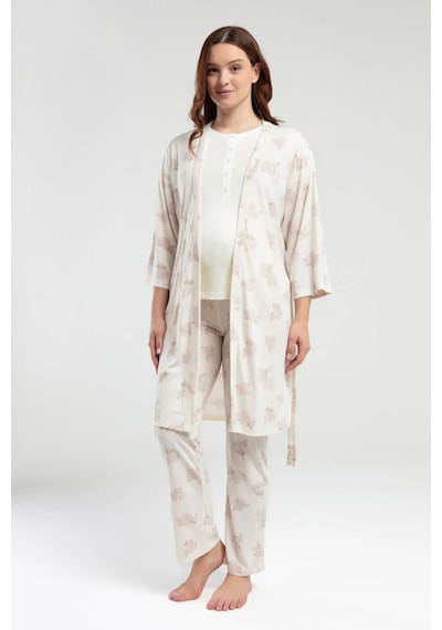 Pierre Cardin 9009 Hamile Lohusa Sabahlıklı Kısa Kollu Pijama Takımı - Krem