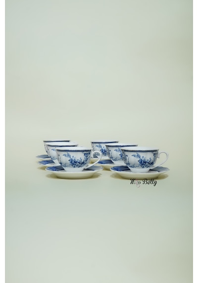 Blue Life New Bone 6 Kişilik Çay Fincan Takımı Çay Sunum Seti Beyaz - Mavi