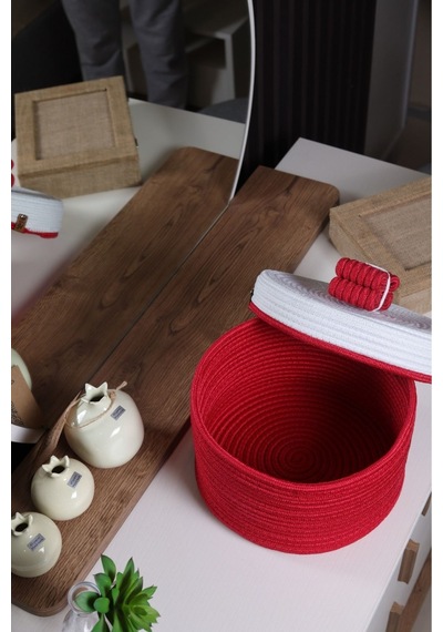 Hasır Jüt Sepet Oval Kapaklı Organizer Düzenleyici 30x20x10 Cm Kırmızı Beyaz Kırmızı Beyaz