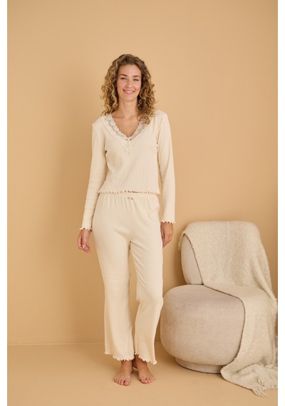 Siyah İnci Pamuklu Dantelli Fitilli Örme Pijama Takım25226005 Ekru