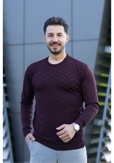Hk Premium Triko Kazak Likralı Zikzak Desenli Bisiklet Yaka Bordo