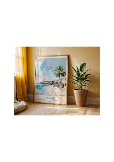 Hawaii Beachfront Usa Travel Poster Ahşap Çerçeveli Dekoratif Duvar Tablosu Ahşap 01