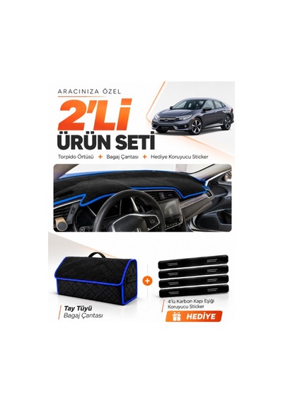 E-biz Honda Cıvıc Fc5 2015-2022 Uyumlu Torpido Örtüsü + Tay Tüyü Çanta - Siyah-mavi - Ho012