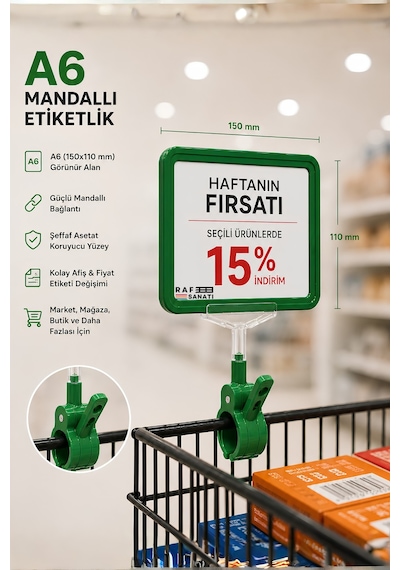 A6 Fiyatlık Mandallı Etiketlik Sepet Raf Askılık Fiyat Etiketi Çerçeveli Market Mağaza Yeşil