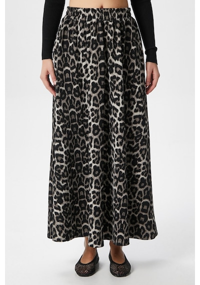 Ritnice Kadın Luna Bel Lastikli Cepli Gri Leopar Uzun Maxi Boy Etek Gri Leopar Gri