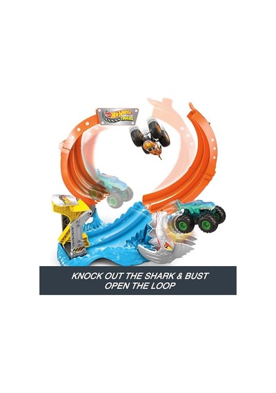 Hot Wheels Oyuncak Monster Trucks Köpekbalığı Oyun Seti, 1:64 Ölçekli Mega-wrex Araç, Çemberin İçinden Geçerek Düşmanı Yenme, Jfr08