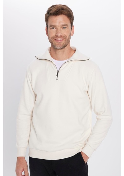 Tudors Unisex Relax Fit Rahat Kesim Fitilli Desenli Pamuklu Yarım Fermuarlı Ekru Dik Yaka Sweatshirt-31988 Ekru