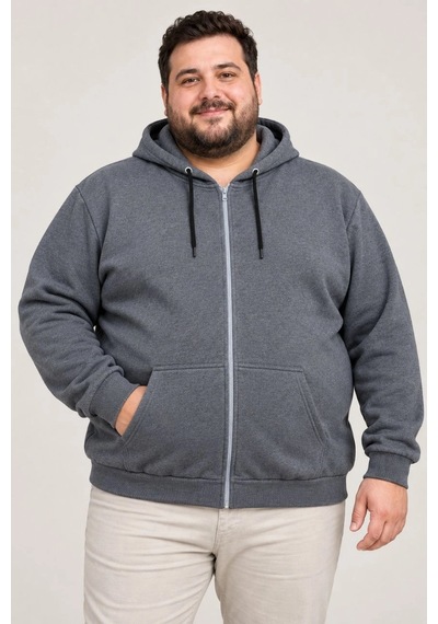 Assema Erkek Battal Büyük Beden Üç İplik İçi Şardonlu Kapüşonlu Tam Fermuarlı Kışlık Sweatshirt - Füme Çok Renkli