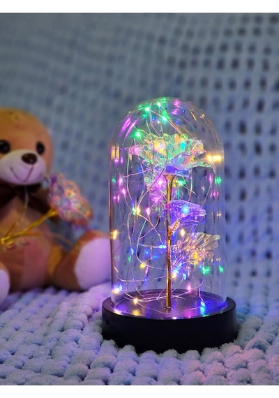 Anneler Günü Dekoratif Rengarenk Peri Led Işıklı Solmayan Sonsuzluk Gülü Fanuslu Gece Lambası