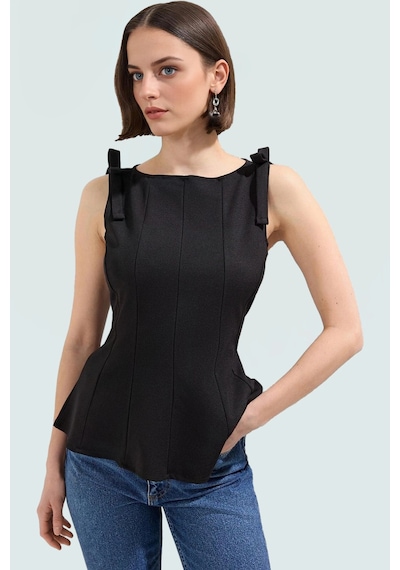 Ersefa Kolsuz Örme Bluz Peplum Kesim Bisiklet Yaka Yazlık Ve Şık Mükemme siyah