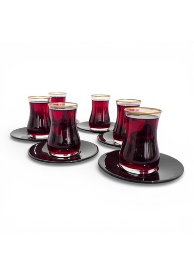 Sudedi Home Altın Yaldızlı Çay Bardağı Seti Siyah Tabaklı 6 Lı Cam Çay Takımı Siyah