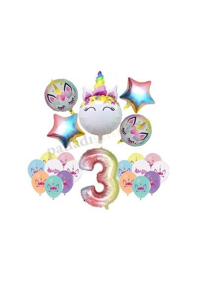 3 Yaş Gökkuşağı Konsepti Unicorn Temalı Doğum Günü Parti Kutlama Seti