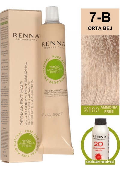 Renna Bitkisel Amonyaksız Saç Boyası 60 Ml 7-b Orta Bej Oksidan Hediyeli