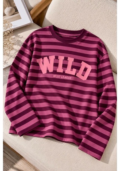 Bbbutikbasic Wild Baskılı Çizgili Uzun Kollu Kadın Sweatshirt My3535 Bordo