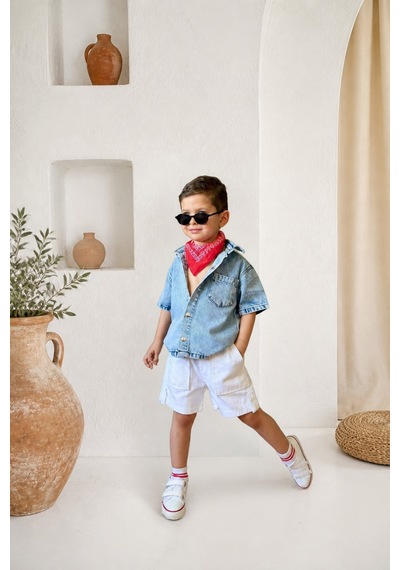 Eray Alp Kids Erkek Çocuk Mavi Kot Gömlek Beyaz Cepli Şort Takımı Günlük Rahat Kombin