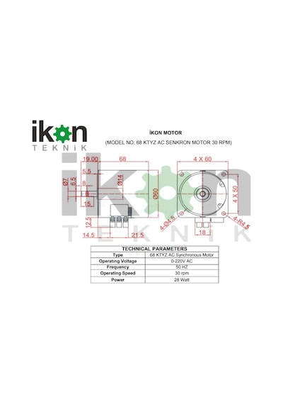 İkon Teknik AC SENKRON MOTOR 68 KTYZ 28 Watt 30 RPM 220 Volt