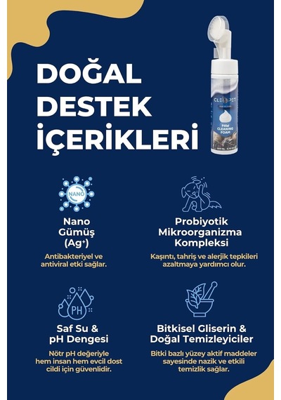 Cleapet Doğal Pati Temizleme Köpüğü 200 Ml Fırça Başlıklı, Durulamasız Kedi Ve Köpek Bakımı Bitkisel, Probiyotik, Vegan Susuz Şampuan