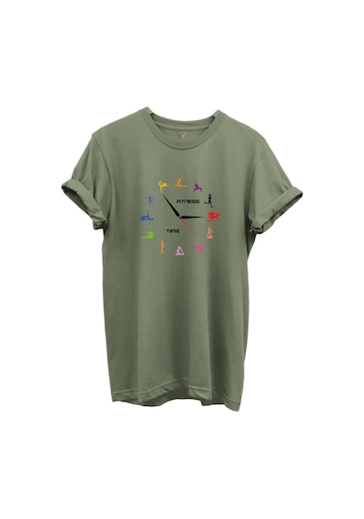 Fitness Time Spor Ve Yoga Figürlü Renkli Tasarımlı %100 Pamuk Regular Fit Unisex T-shirt Haki