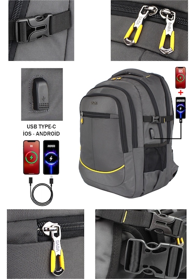 Dada 09 17,3 inç Gri Laptop Sırt Çantası 60 Litre Usb Typc-E Aparat Darbe Emici Koruma