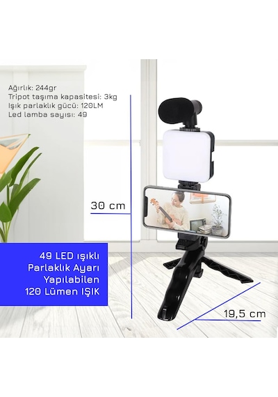 Upway Led Işıklı Mikrofonlu Tripotlu Kumandalı Video Kayıt Fotoğraf Öz Çekim Seti