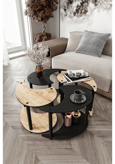 Yin Yang Unıty Serenıty Orta Sehpa 4 Lü Siyah Meşe 70 Cm Meşe