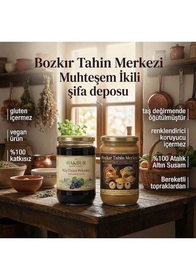 Bozkır Tahin Merkezi Muhteşem İkili Altın Susam Kavrulmuş Tahin 600gr-köy Üzüm Pekmezi 800gr Doğal&katkısız