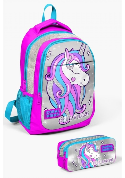 Coral High Kids Pembe Gümüş Simli Unicorn Desenli 2'li Okul Çanta Seti - Kız Çocuk Pembe Unicorn
