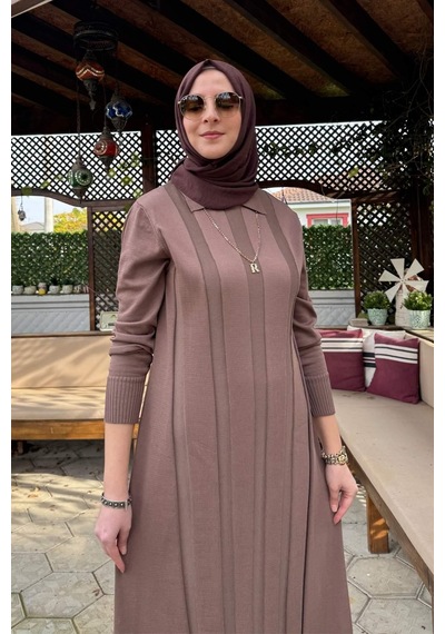 Rabia Şamlı Biricik Kemerli Triko Elbise Sütlü Kahve Normal
