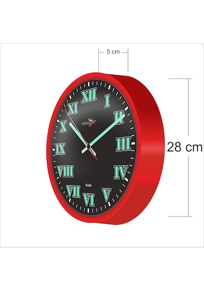 Tr Büyük 28cm Fosforlu Klasik Romen Rakkamlı Kırmızı Çerçeveli Ön Camlı Siyah Zeminli Sessiz Duvar Saati Genel