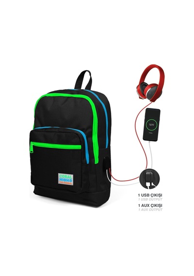 Coral High Okul Çantası Ve Termal Beslenme Çanta Seti Erkek Çocuk Siyah Yeşil Usb Ve Aux Çıkışlı