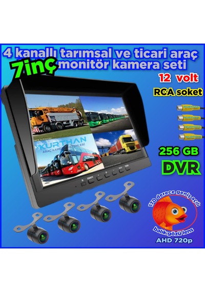 4 Adet Ledsiz Ahd 720p Balık Gözü Lens Kelebek Kamera 7 İnç Qled Hybrid Dvr Monitör 12 Volt 256 Gb
