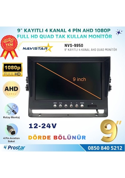 Kayıtlı 9 İnç 4 Kanal Full Hd Ahd Analog Uyumlu Quad Araç Monitörü 12-24v