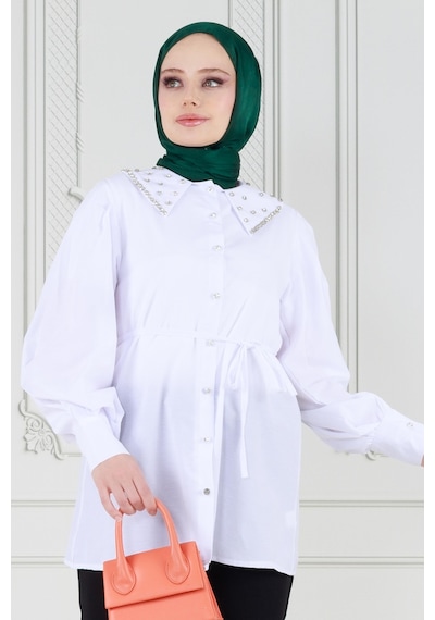 Sevitli Yakası Taş Çakım Tunik-beyaz-3646-beyaz Beyaz