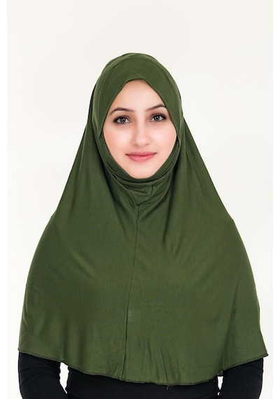Peçeli Hazır Türban Pratik Şal Hijab Namaz Örtüsü Haki