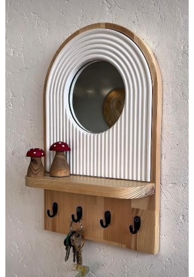 Aynalı Ahşap Duvar Hol Anahtar Askısı, Minimalist Dekoratif Modern Anahtarlık Natürel